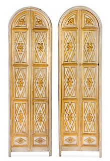 A Pair of Italian Painted and Parcel Gilt Doors Height 82 3/4 x width 24 1/8 inches.