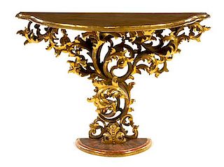 An Italian Giltwood Console Table Height 31 3/4 x width 42 1/2 x depth 16 1/2 inches.