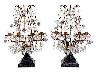 A Pair of Italian Gilt Metal and Marble Four-Light Candelabra Height 21 1/2 inches.
