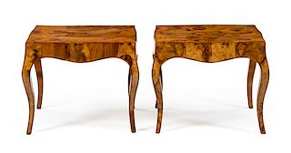 A Pair of Italian Burlwood Side Tables Height 22 x width 26 x depth 20 1/2 inches.