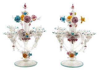A Pair of Venetian Glass Four-Light Candelabra Height 24 inches.