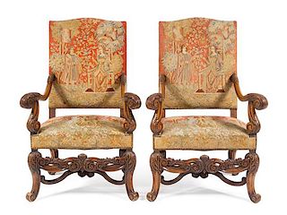 * A Pair of Flemish Baroque Style Walnut Armchairs Height 44 3/4 inches.