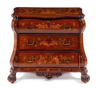 * A Dutch Mahogany and Marquetry Chest of Drawers Height 34 x width 37 x depth 24 inches.