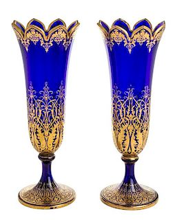 * A Pair of Gilt Decorated Cobalt Glass Vases Height 19 1/2 inches.