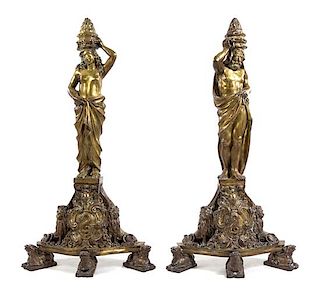A Pair of Continental Gilt Bronze Figural Andirons Height 46 inches.