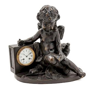 A Continental Bronze Figural Mantel Clock Height 16 1/4 x width 16 1/2 inches.