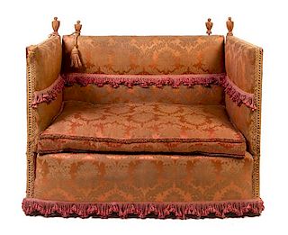 A Damask Upholstered Knole Sofa Height 37 1/2 x width 52 1/2 x depth 30 inches.