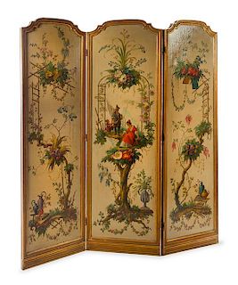 * A Continental Painted Three-Panel Floor Screen Height 76 3/4 inches.
