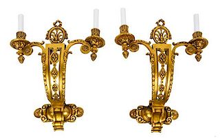 A Pair of Neoclassical Gilt Bronze Two-Light Sconces Height 18 inches.