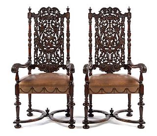 A Pair of William and Mary Oak Armchairs Height 53 3/4 inches.
