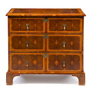 A William and Mary Oysterwood Chest of Drawers Height 33 1/2 x width 37 x depth 18 1/2 inches.
