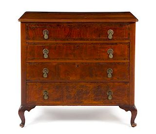 A William and Mary Style Burlwood Chest Height 37 1/2 x width 41 x depth 18 1/4 inches.