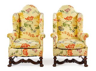 A Pair of William and Mary Style Wingback Chairs Height 45 1/4 inches.