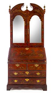 A Queen Anne Style Red Lacquered Secretary Height 86 3/4 x width 23 1/4 x depth 22 3/4 inches.