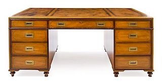 * A Campaign Style Satinwood Partners' Desk Height 27 1/8 x width 72 x depth 42 1/8 inches.
