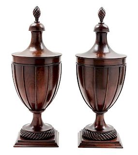 * A Pair of Regency Style Mahogany Cutlery Urns Height 28 1/2 inches.