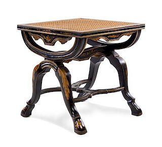 A Regency Style Ebonized and Parcel Gilt Stool Height 18 x width 17 1/4 x depth 17 1/4 inches.