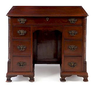 An English Mahogany Kneehole Desk Height 30 1/4 x width 36 3/8 x depth 21 inches.