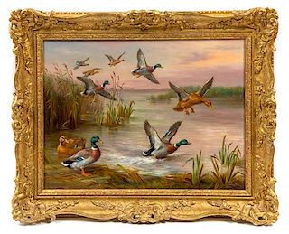 Edgar Hunt, (British, 1876-1955), Ducks in Flight, 1931
