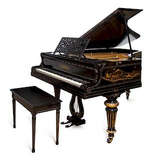 A Victorian Black Lacquered Piano Length of case 5 feet 11 inches.