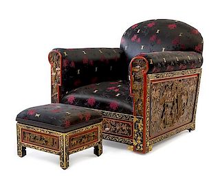 A Chinese Parcel Gilt Carved Club Chair and Ottoman Height of chair 33 inches.
