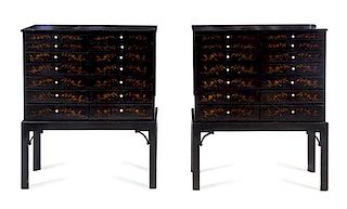 A Pair of English Lacquered Specimen Cabinets Height overall 41 x width 34 1/2 x depth 13 1/4 inches.