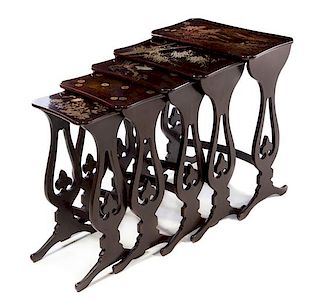 A Set of Five English Lacquered Nesting Tables Height of tallest 27 3/4 x width 21 x depth 12 3/8 inches.