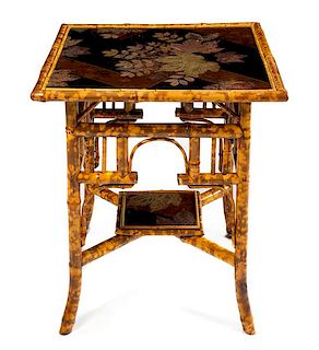 * A Victorian Bamboo and Lacquer Table Height 28 1/2 x width 26 x depth 26 inches.