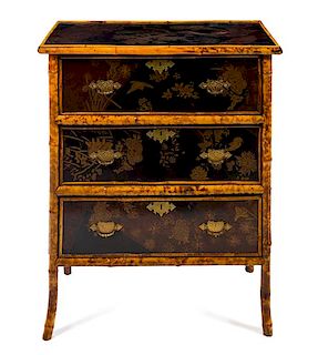 * A Victorian Bamboo and Lacquer Chest of Drawers Height 36 1/2 x width 30 1/2 x depth 17 1/2 inches.