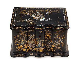 * A Victorian Mother-of-Pearl Inlaid Papier Mache Tea Caddy Height 4 1/2 x width 7 3/4 x depth 4 7/8 inches.