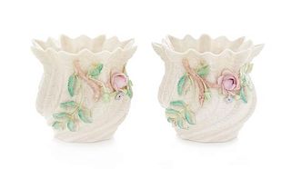 * A Pair of Belleek Vases Height 3 1/2 inches.