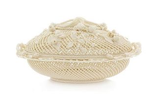 * A Belleek Four Stand Covered Basket Width 12 1/2 inches.