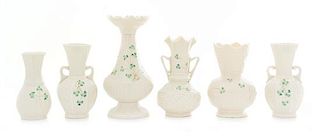 * Six Belleek Shamrock Decorated Vases Height of tallest 8 1/4 inches.