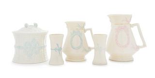 * Five Belleek Ribbon Decorated Articles Height of tallest 6 1/4 inches.