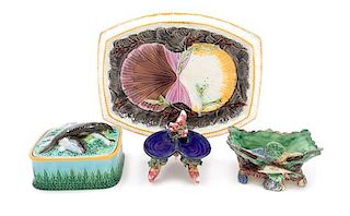 * A Group of Four Majolica Table Articles Width of largest 7 1/4 inches.