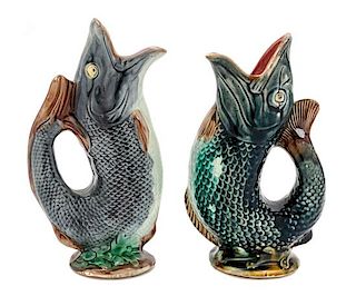 * A Near Pair of American Majolica Figural Water Pitchers Height of taller 10 1/4 inches.