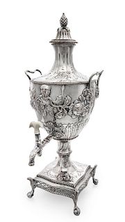 A George III Silver-Plate Hot Water Urn, Sheffield, Late 18th Century, the domed reeded cover with a pinecone finial, the balust