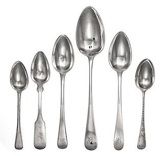 A Group of Six George III Silver Spoons, Various Makers, comprising an Old English form table spoon, Solomon Hougham, London, 17
