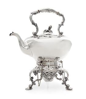 A Victorian Silver Water Kettle on Stand, T. J. & N. Creswick, Sheffield, 1849, the lid with a blossom finial, the lamp stand wi