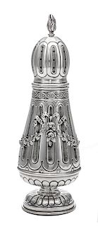 A French Silver Muffineer, Ernest Eschwege, Paris, Late 19th/Early 20th Century, having a flame finial above the fluted body wit