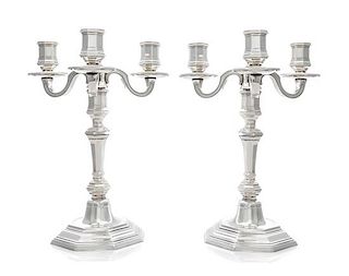 A Pair of French Silver-Plate Three-Light Candelabra, Christofle, Paris, Second Half 20th Century, Cluny pattern, with original