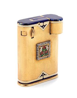 A French Enamel and Diamond Inset Cigarette Lighter, Cartier, Paris, First Half 20th Century, the blue enameled lid opening to a