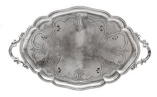 A German Silver Tray, Friedeberg, Berlin, 20th Century, the twin handles formed of C-scrolls, the undulating rim enclosing the f