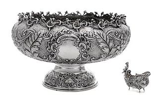 A German Silver Center Bowl, Maker's Mark Obscured, Late 19th/Early 20th Century, the body centered with C-scrolls enclosing a v