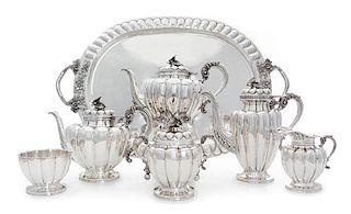 A Mexican Silver Tea and Coffee Service, Sanborns, Mexico City, 20th Century, comprising a water kettle on stand, coffee pot, te