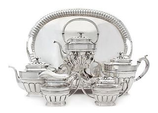 A Mexican Silver Six-Piece Tea and Coffee Service, Tane Orfebres, Mexico City, 20th Century, comprising a water kettle on stand,