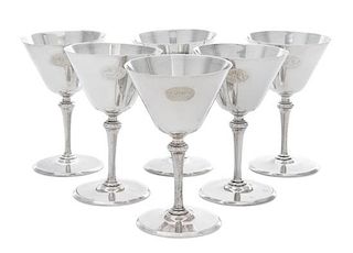 A Set of Six American Silver Cordial Stems, Tiffany & Co., New York, NY, Circa 1925, each having a conical cup with an engraved