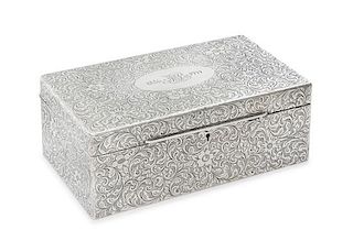 An American Silver Table Casket, Tiffany & Co., New York, NY, Early 20th Century, the hinged rectangular case worked to show all