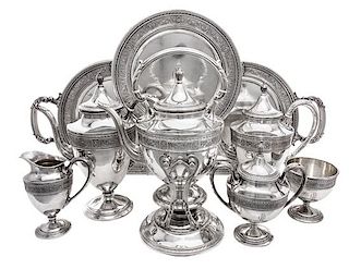 An American Silver Seven-Piece Tea and Coffee Service, International Silver Co., Meriden, CT, Wedgwood pattern, comprising a wat