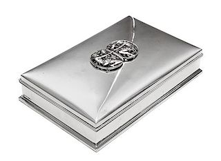 An American Silver Jewelry Casket, Gorham Mfg. Co., Providence, RI, of rectangular form, the lid with an applique depicting two